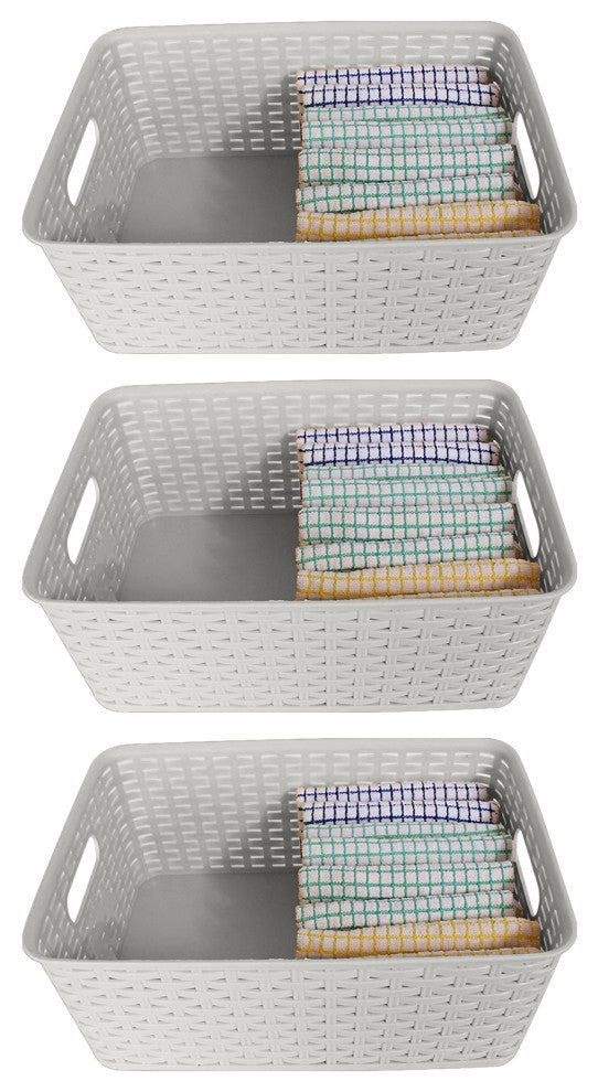 Plastic Rattan Storage Box Basket Organizer, White, Medium-Pack of 3