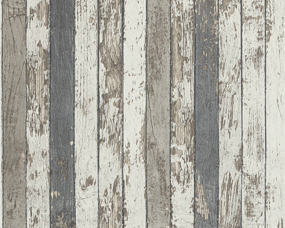 Faux Textured Wallpaper Wooden Stripes, Cream Gray Brown, One Roll