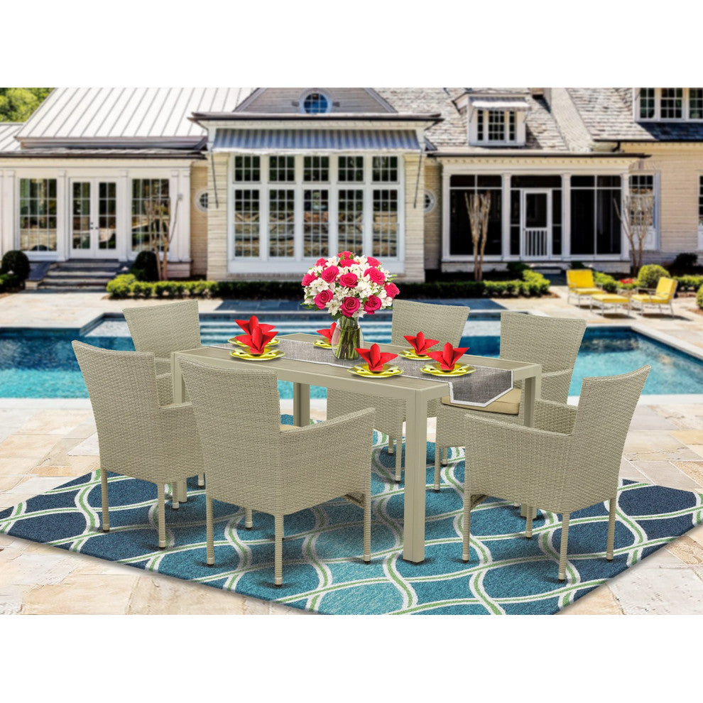 7Pc Outdoor- Natural Color Wicker Dining Set, Patio Table, 6 Armchair