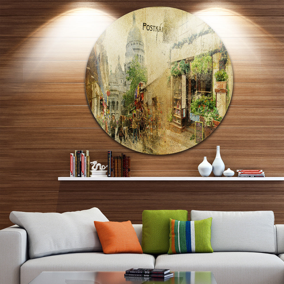 Vintage Parisian Cards, Contemporary Round Metal Wall Art, 36"