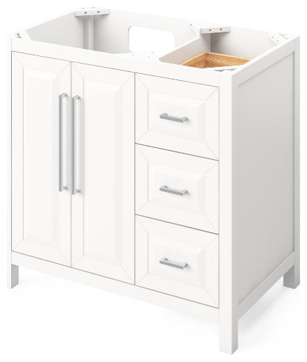 Cade Transitional 36" White Left Offset Sink Vanity, Steel Grey Cultured Marble