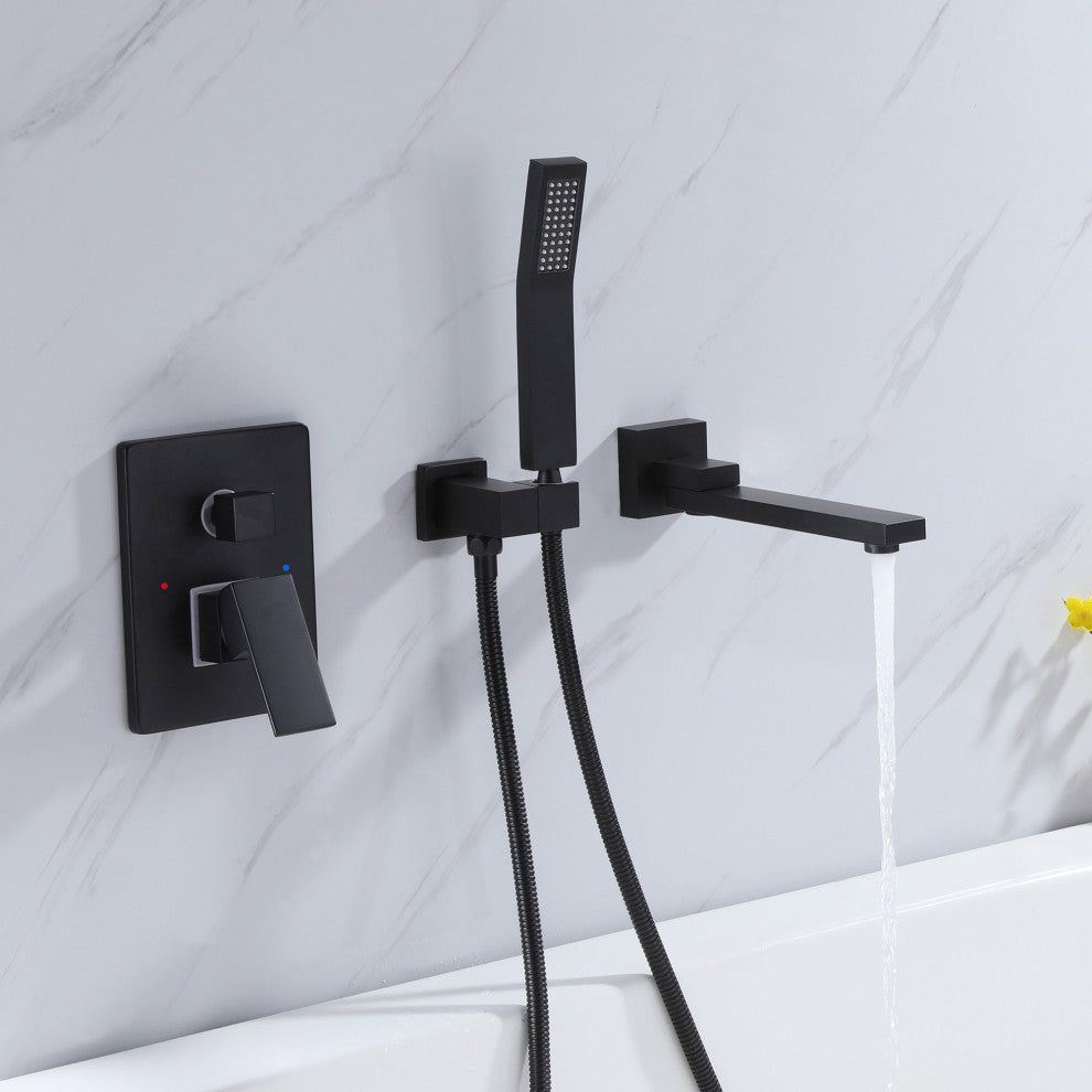 Wall Mounted Double Handle Roman Tub Faucet with Hand Shower, Matte Black