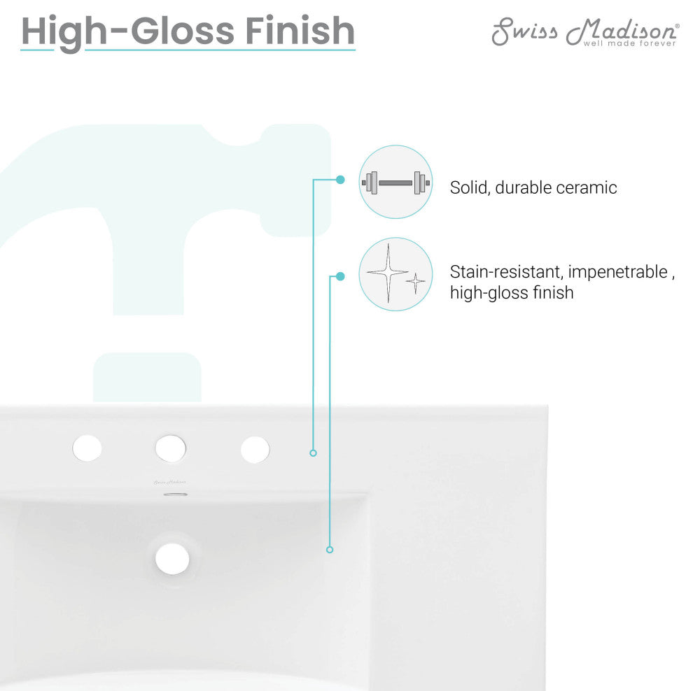 36" Ceramic Vanity Sink Top With 3 Holes