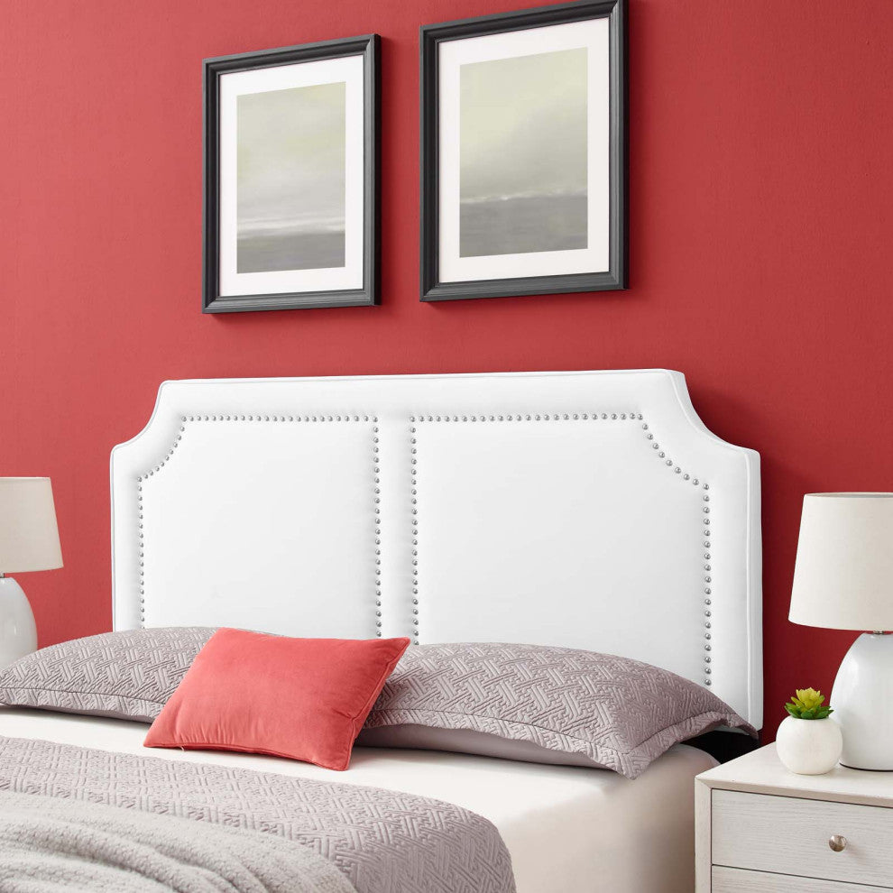 Headboard, Nailhead, Full Queen Size, White, Velvet, Modern, Mid Century Guest