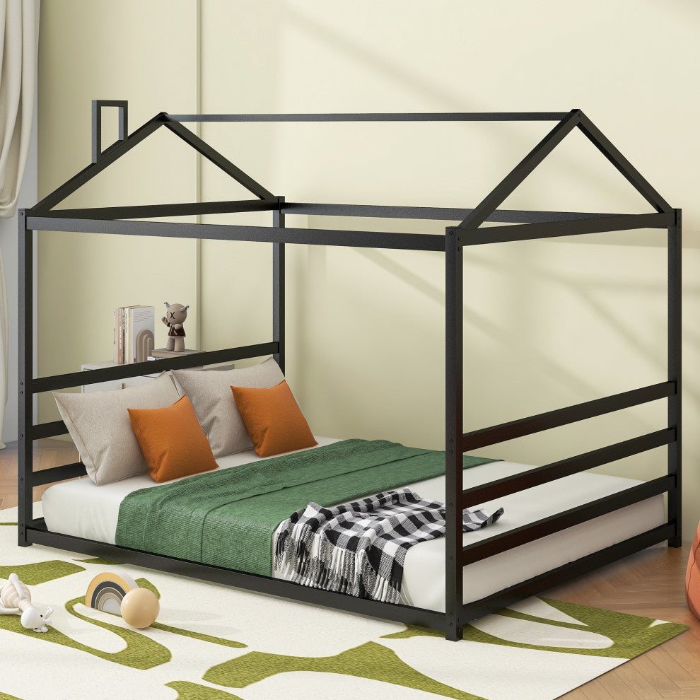 Gewnee Metal House Shape Platform Bed, Black, Queen