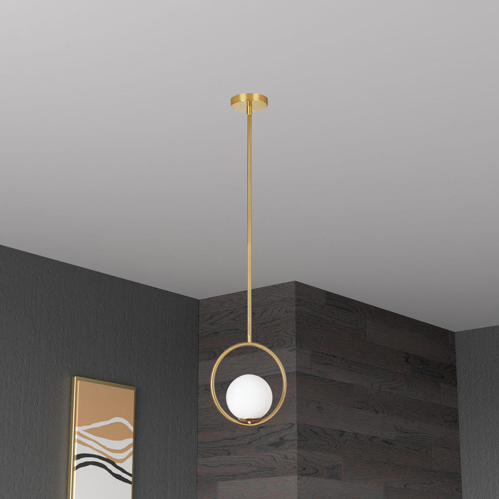 1-Light Halogen Pendant AB Finish With White Glass