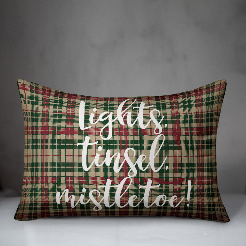 Lights, Tinsel, Mistletoe, Tartan Plaid 14x20 Lumbar Pillow