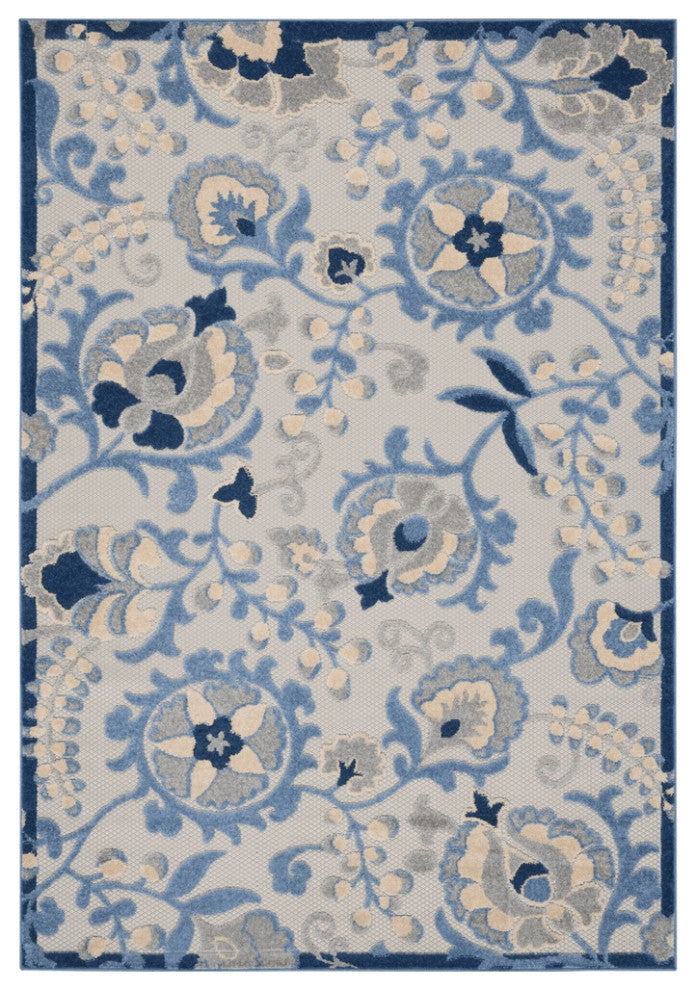 9' X 12' Blue And Grey Toile Non Skid Indoor Outdoor Area Rug