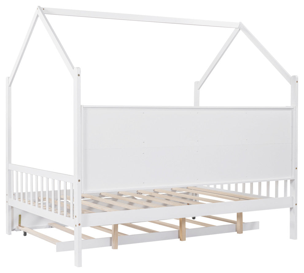 Gewnee Wood Full Size House Bed with Trundle for Kids in White