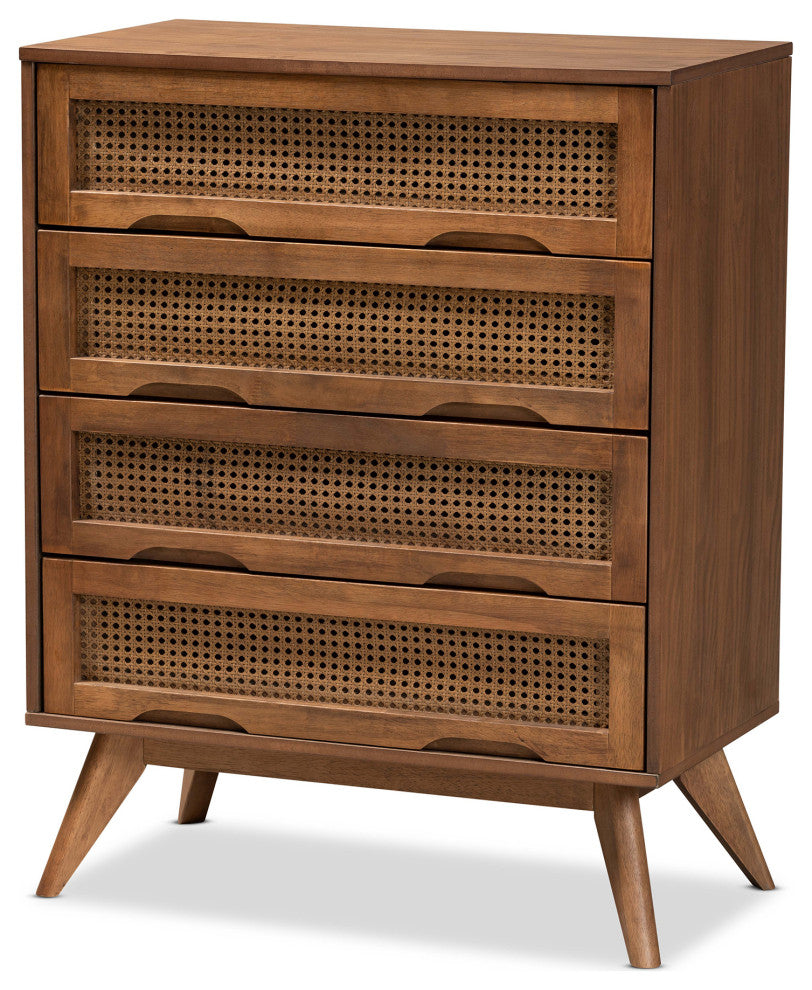 Barrett Mid-Century Brown Finished Wood and Synthetic Rattan 4-Drawer Chest