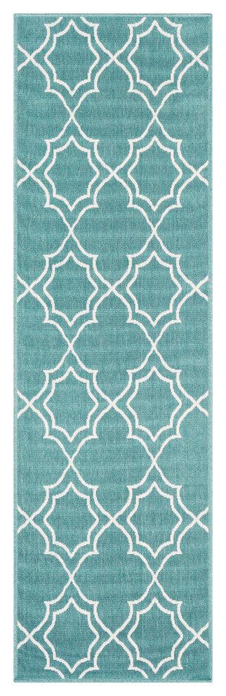 Alfresco Trellis Teal, White Area Rug, 2'3"x7'9" Runner