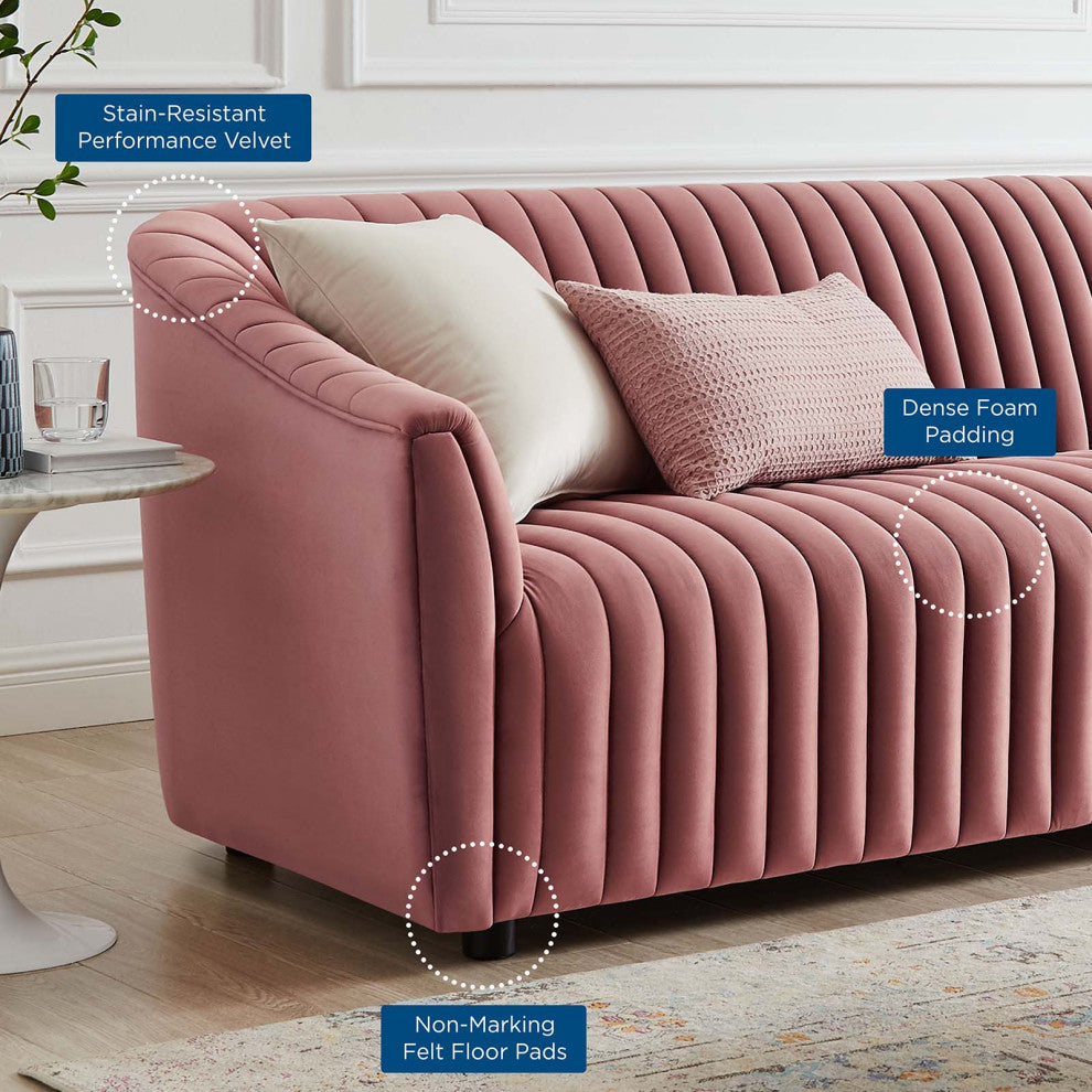 Tufted Sofa, Pink, Velvet, Modern, Mid Century Living Hotel Lounge Cafe Lobby