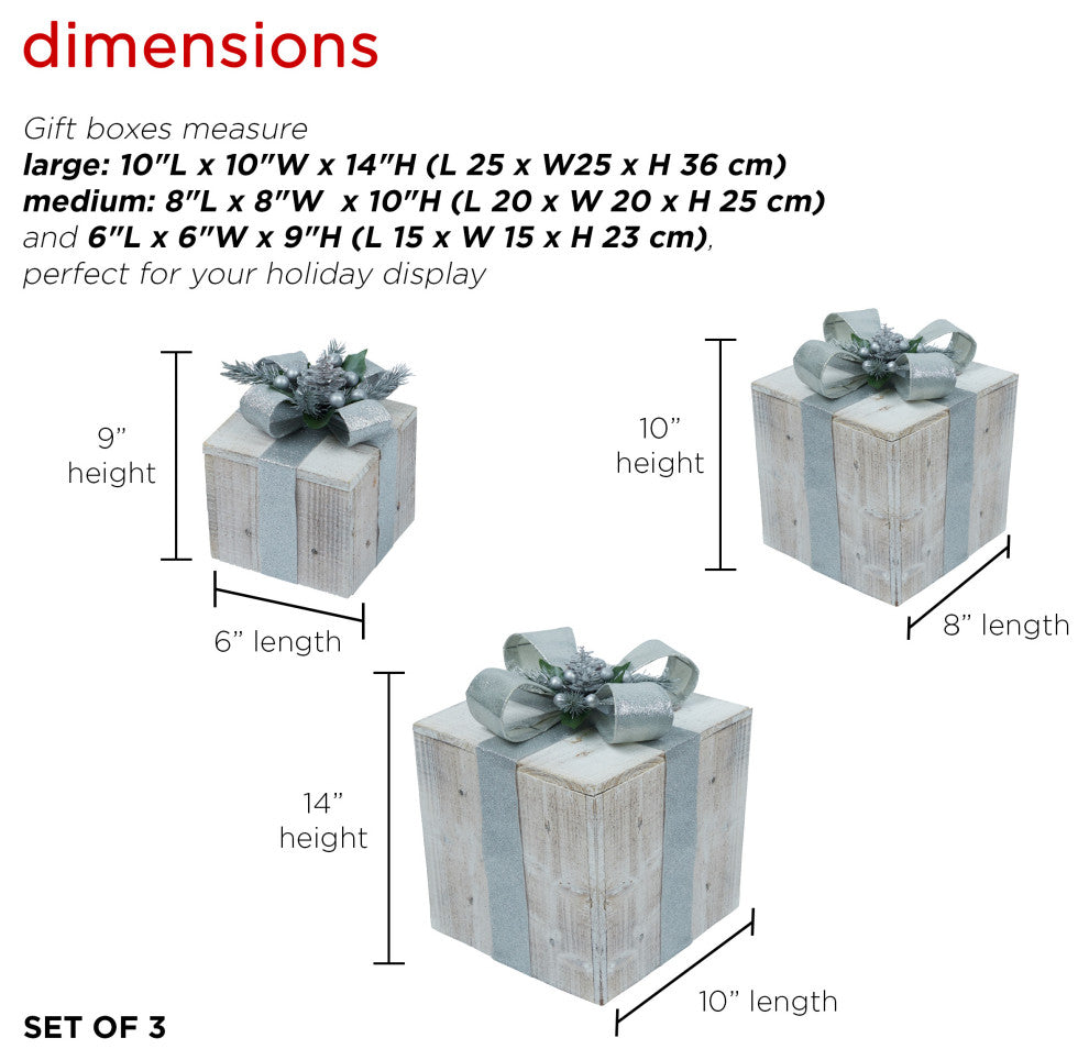 3-Piece Wooden Gift Box Christmas Decor with LED Lights, Silver