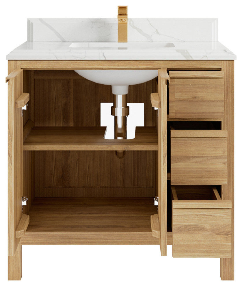 Elizabeth 36 Center Sink Bath Vanity in Light Natural Teak 1.5" Calacatta Laza