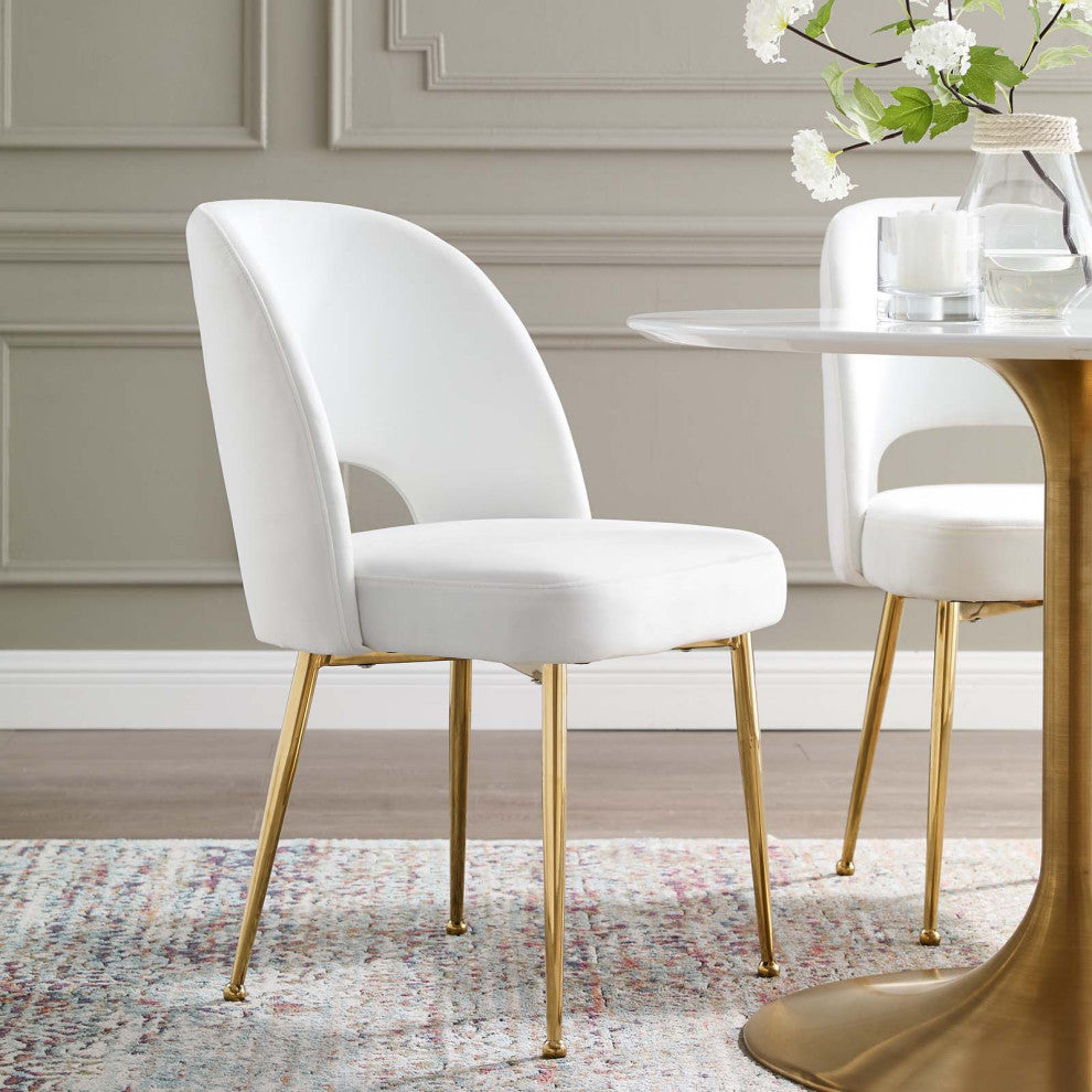 Modern Designer Dining Room Side Chair, Velvet Fabric Metal Steel, White