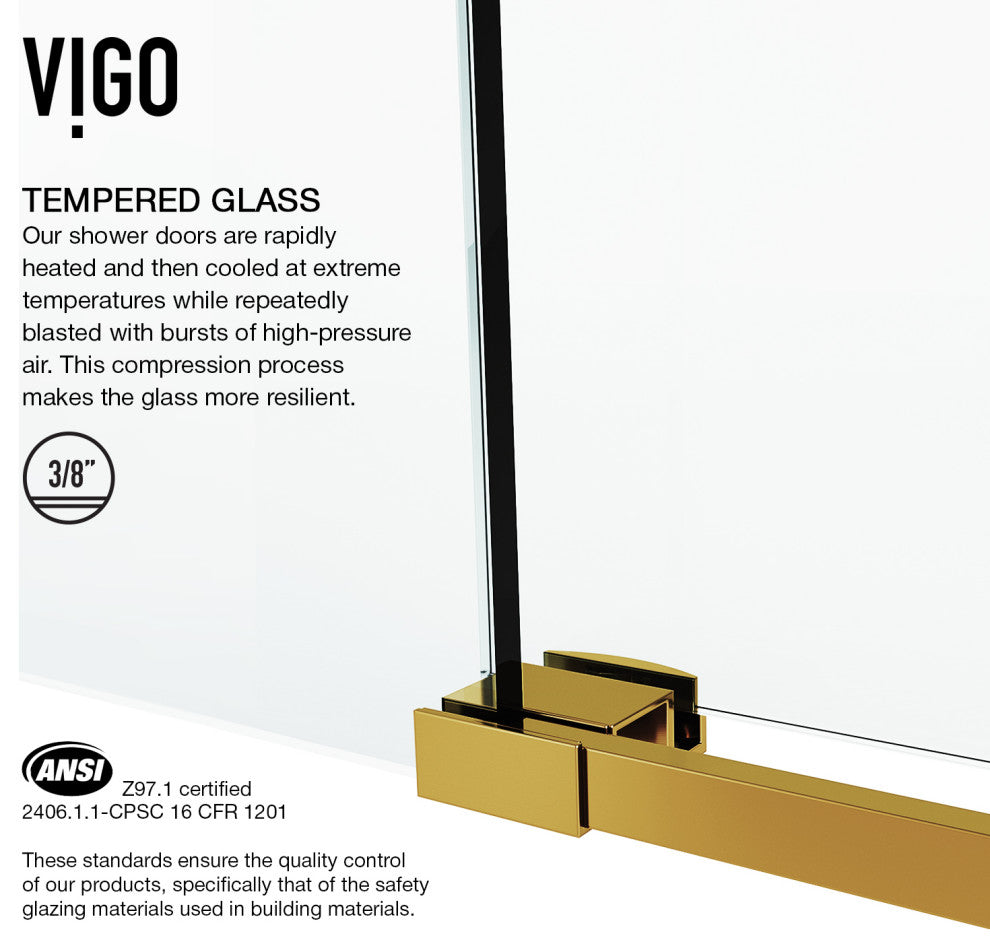 VIGO Elan 64" to 68" W x 74" H Frameless Sliding Shower Door, Matte Gold, Clear Glass