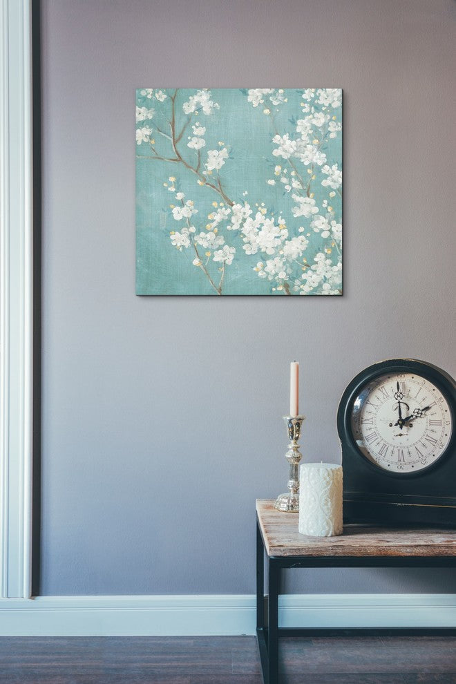 "White Cherry Blossom II on Blue" Giclee Canvas Wall Art, 18"x18"