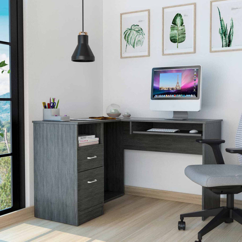 Raleigh L-Shaped Office Desk with 2 Drawers, Open Shelf, CPU Storage, Smoky Oak