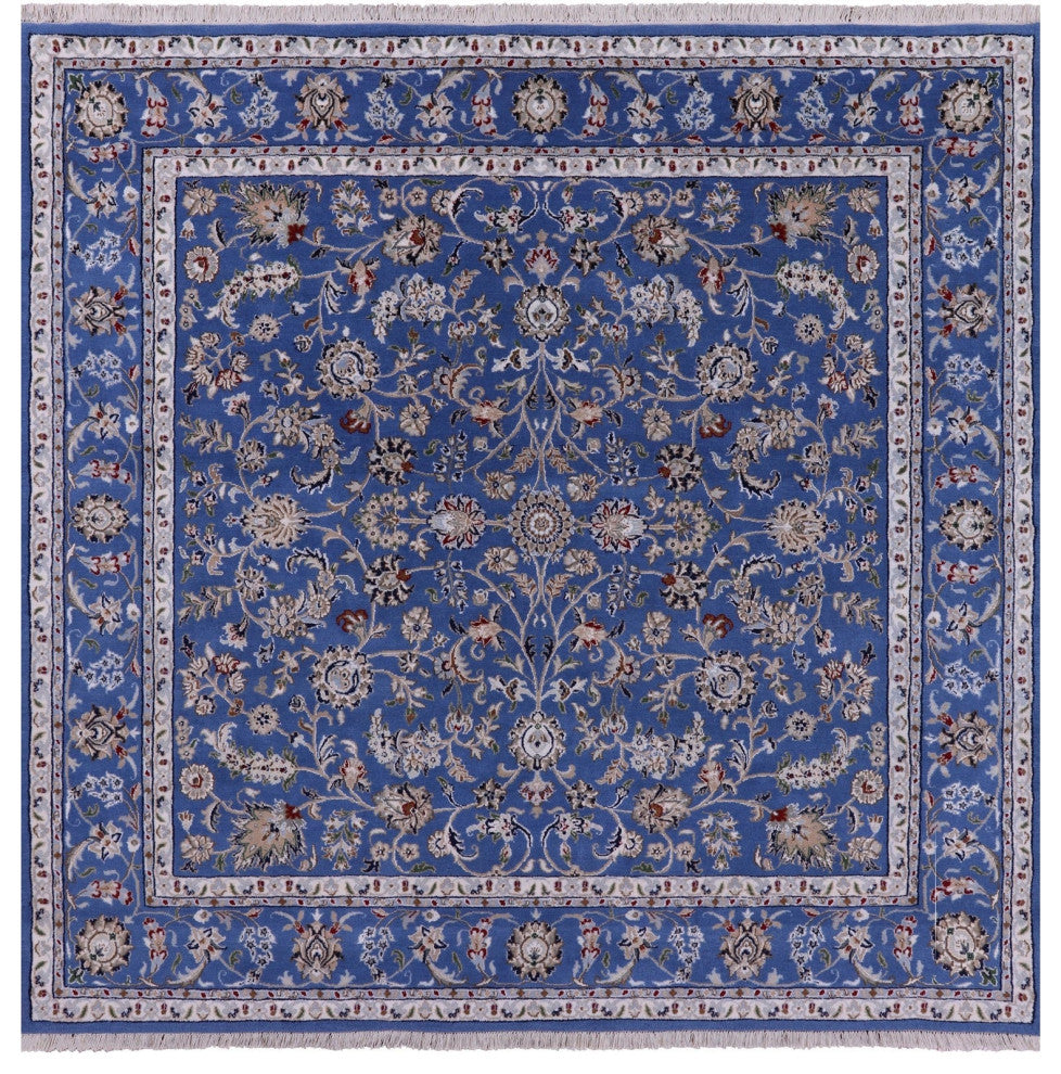 7' Square Handmade Persian Nain Wool & Silk Rug - Q15987