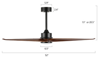 52" Solid Wood 3-Blade LED Ceiling Fan with Remote Control and Light Kit, Black/Walnut