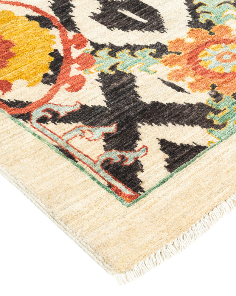 Suzani, One-of-a-Kind Hand-Knotted Area Rug Ivory, 9'7"x18'10"