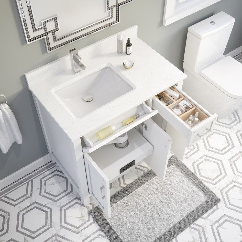 Terrence 36" Vanity with Power Bar and Drawer Organizer, White
