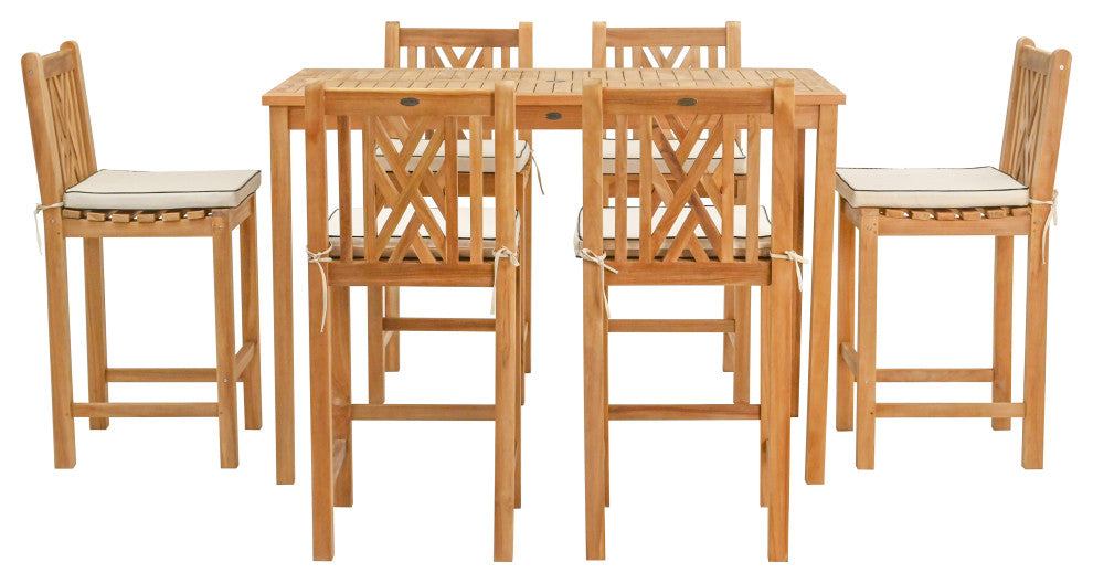 7 Piece Teak Wood Chippendale 63" Rectangular Bistro Bar Set, 6 Bar Chairs