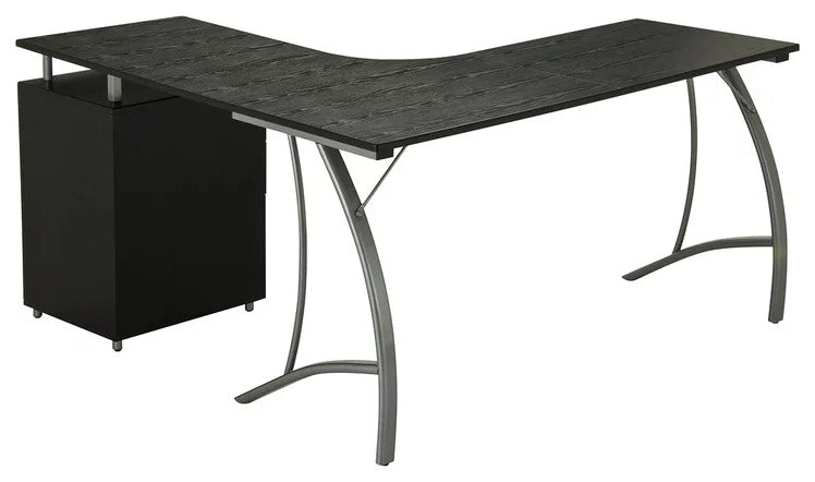 Modern L-Shaped Desk, Lockable File Cabinet & Spacious Curved Worktop, Espresso