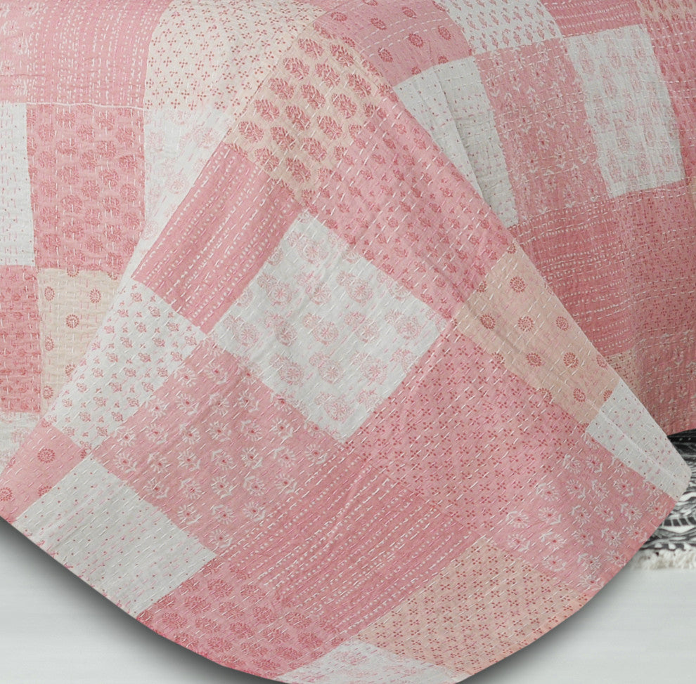 Soft Pink Kantha Coverlet, King 9'2"x8'