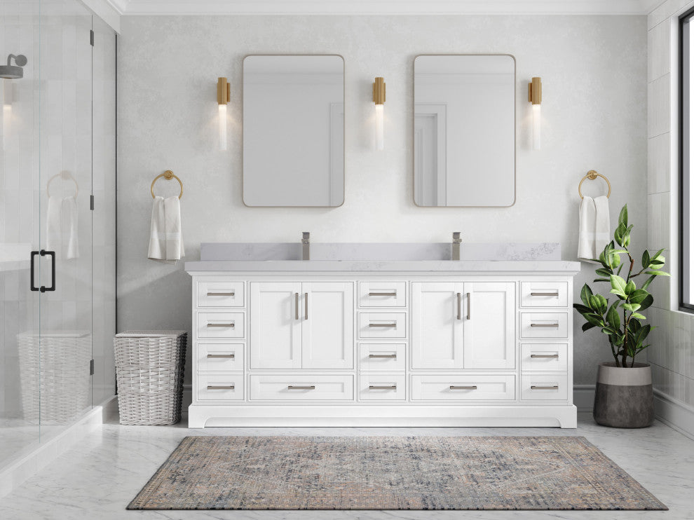 Fenway 84 Double Sink Bath Vanity in White 2" Calacatta Nuvo