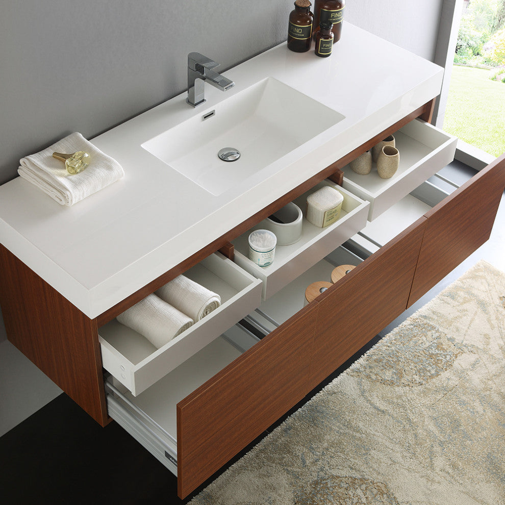 Fresca Mezzo 60" Teak Wall Hung Single Sink Cabinet With Integrated Sink