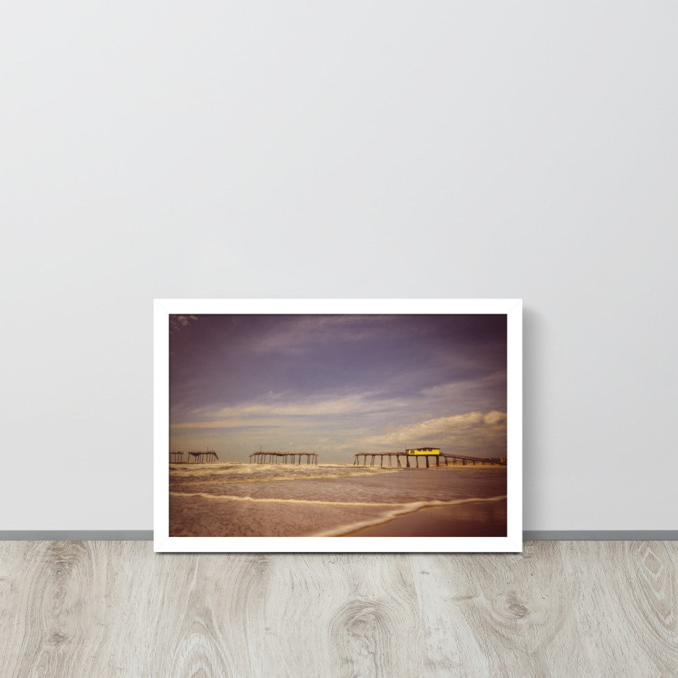 Aged View of Frisco Pier Coastal Framed Photo Paper Print, White, 12" X 18"