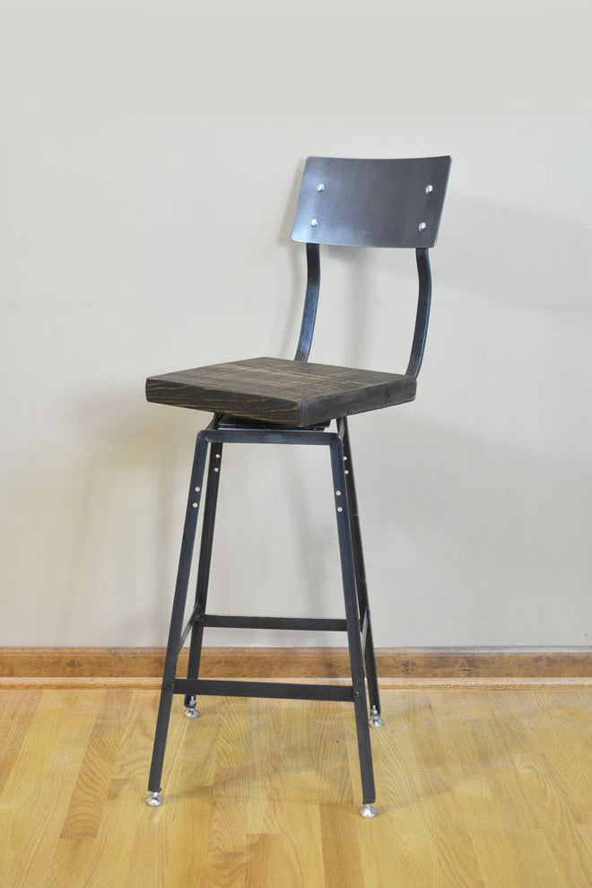 Reclaimed Urban Wood Swivel Bar Stool Chair With Back, 25x16x16, Scorched