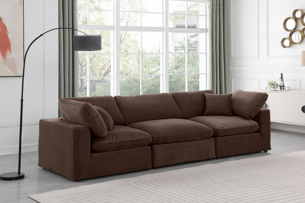 Comfy Upholstered Modular Sofa, Brown, 3-Piece: 1 Armless Chair, 2 Corner Chair, Velvet