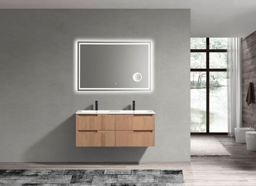 Fiore Wall Mount Modern Bathroom Vanity, Oakwood, 48", Double Sink