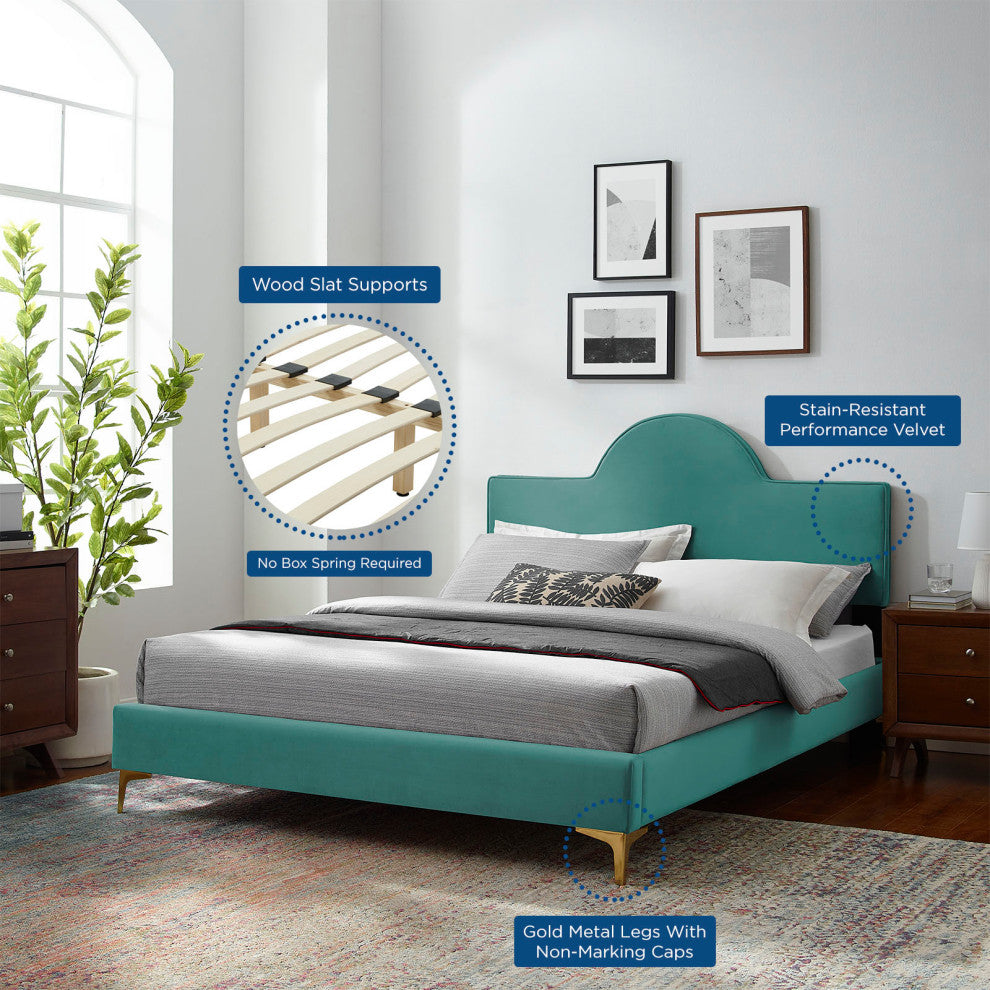 Platform Bed Frame, King Size, Teal Blue, Velvet, Modern, Bedroom Guest Suite