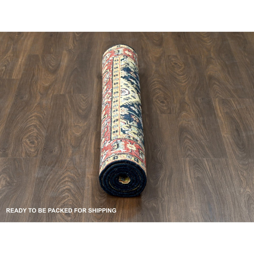 Black With Red Karajeh Design Hand Knotted Wool Oriental Rug, 4'2"x6'