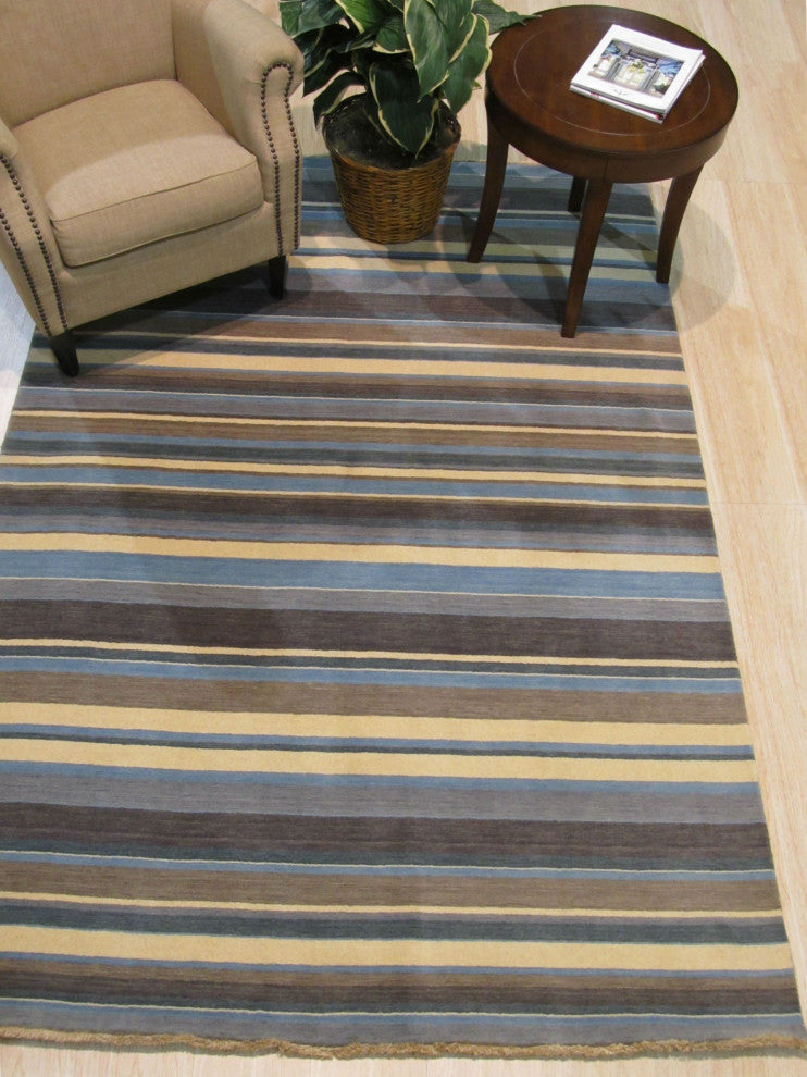 Blue/Brown Striped Handmade Wool Rug, 2'x3'
