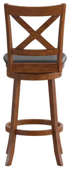 Felicity Wood Crossback Swivel Bar Height Barstool with Upholstered Seat, Black Vinyl/Antique Oak Frame