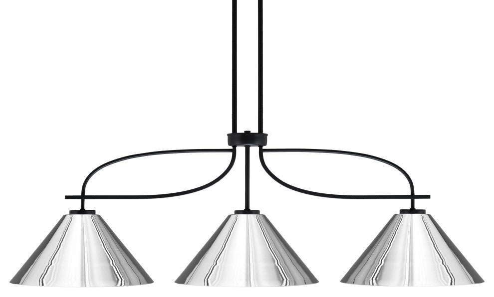 Cavella 3 Light Island Light, Matte Black Finish, 14" Chrome Cone Metal Shades