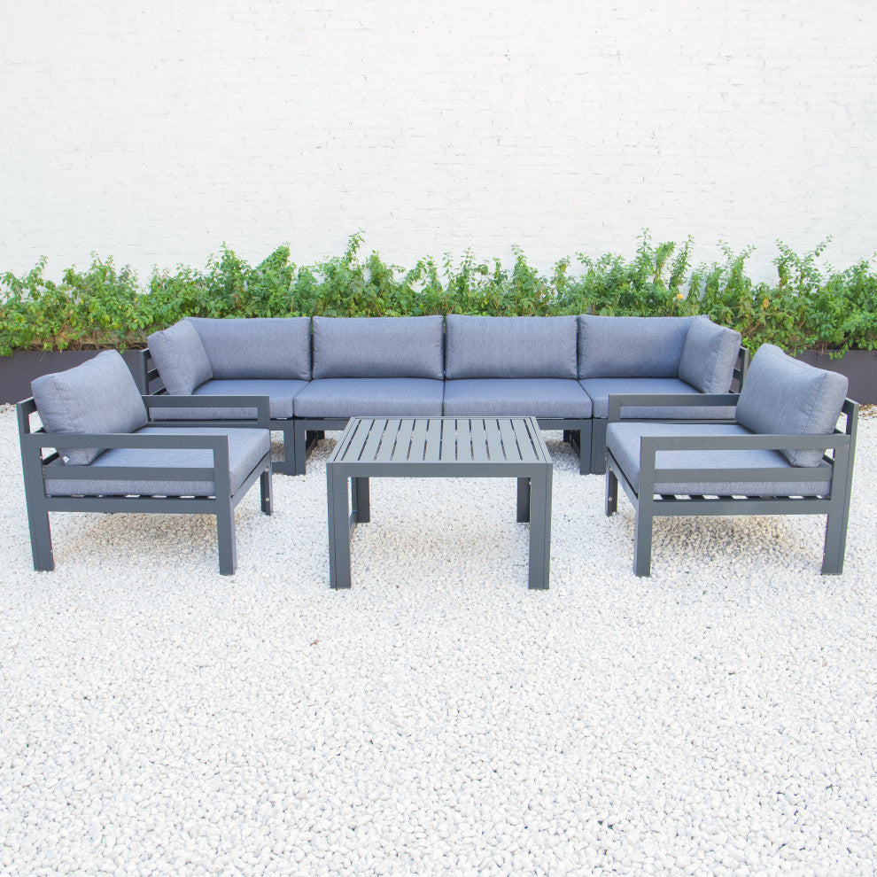 LeisureMod Chelsea 7-Piece Patio Sectional With Coffee Table, Blue