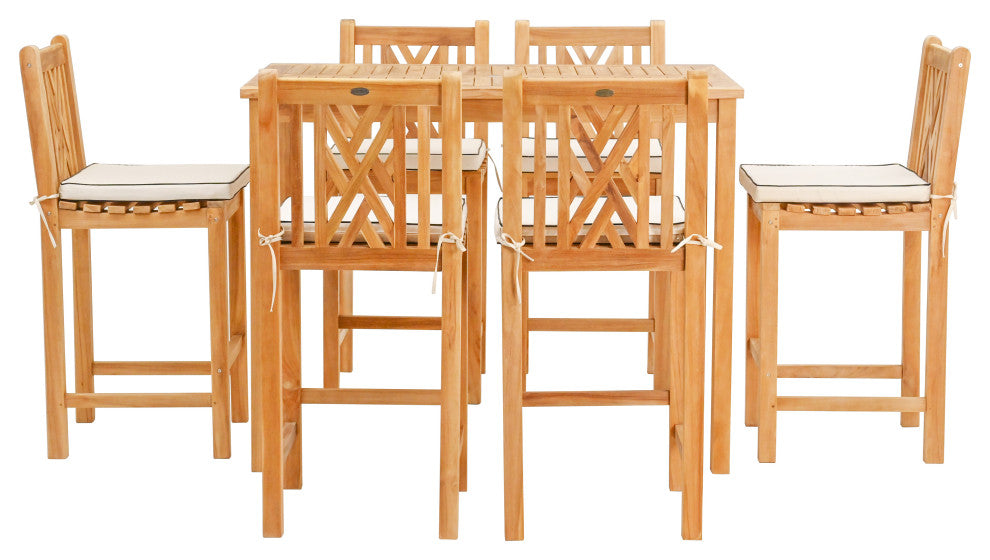 7 Piece Teak Wood Chippendale 55" Rectangular Bistro Bar Set, 6 Bar Chairs