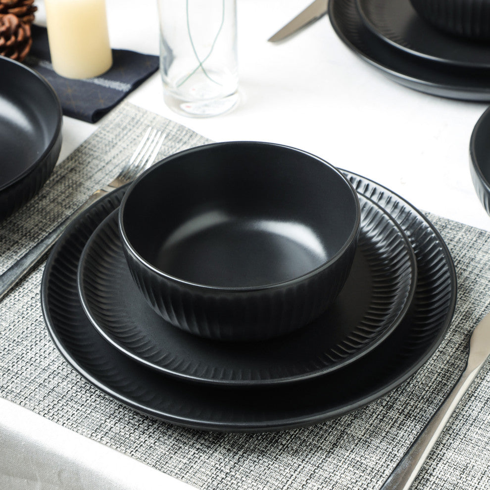 Stone Lain Logan Stoneware 16 Piece Dinnerware Set With Pasta Bowls, Black