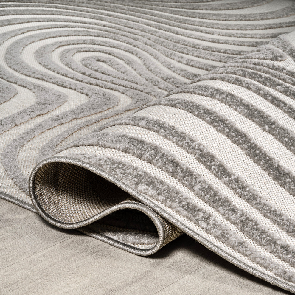 High-Low Groovy Striped Gray/Ivory 3 ft x 5 ft Indoor/Outdoor Area Rug