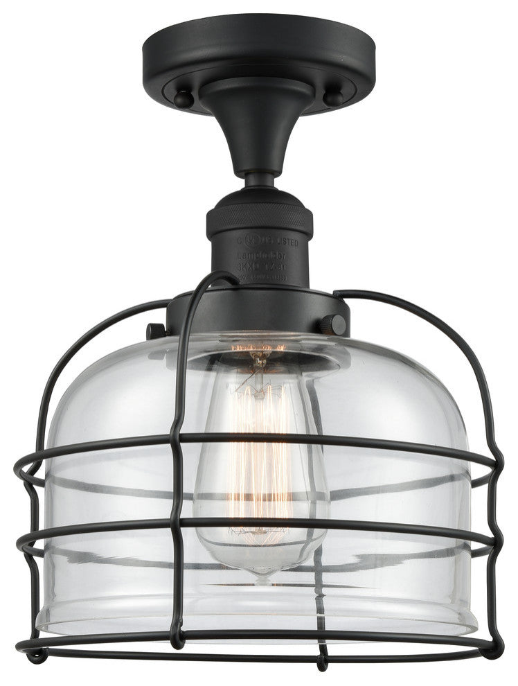 Large Bell Cage 1-Light Semi-Flush Mount, Matte Black, Clear