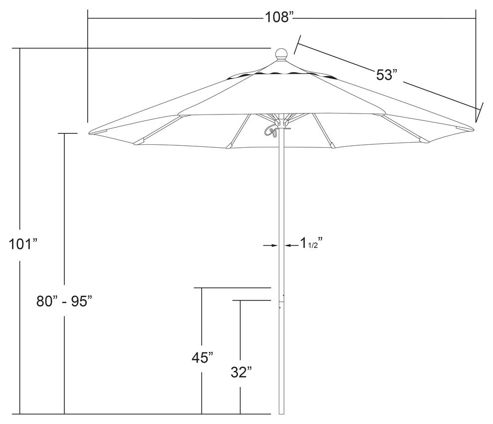 9'' Silver Anodized Push Lift Fiberglass Rib Aluminum Umbrella, Pacifica, Spa