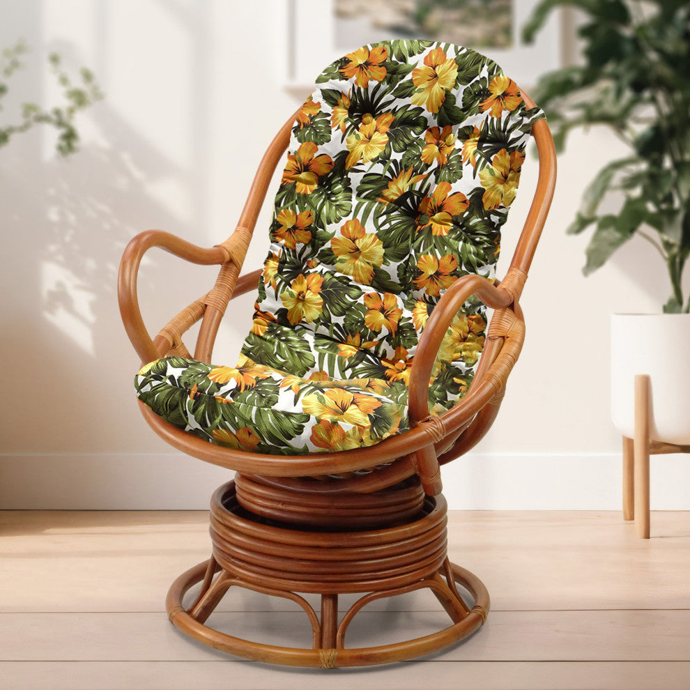 Java Lounge Swivel Rocking Rattan Wicker Chair Colonial, Floral Cushion