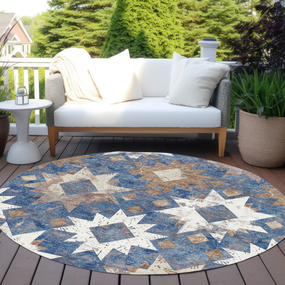 Machine Washable Indoor/Outdoor Chantille ACN1879 Blue 8' x 8' Round Rug