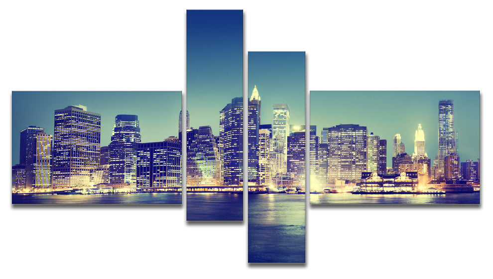New York City Evening Panorama, Extra Large Canvas Art Print, 60"x32", 4 panels