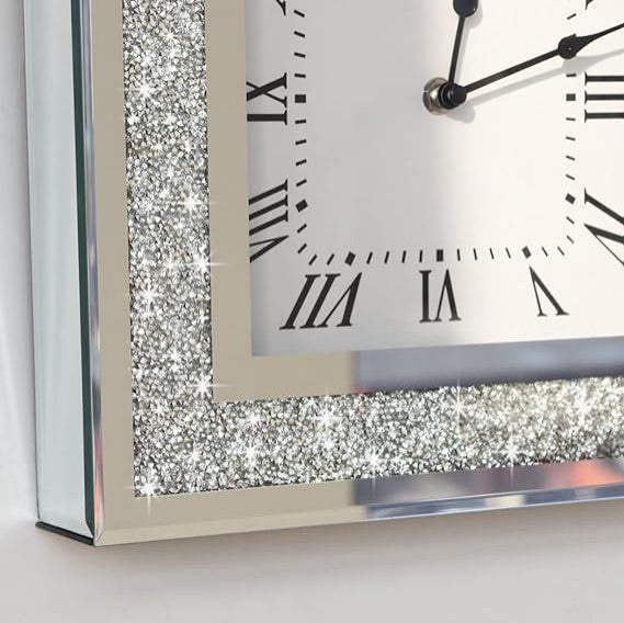Crystal Crush Diamond Mirrored Square Wall Clock with Sparkle